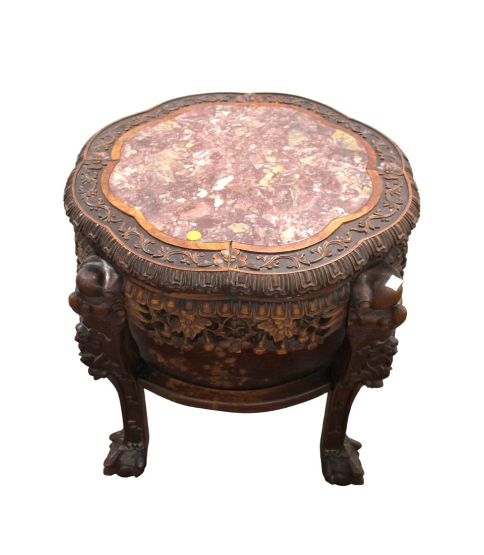 Antique Asian hardwood  marble top table, highly carved, original finish (1 of 4)