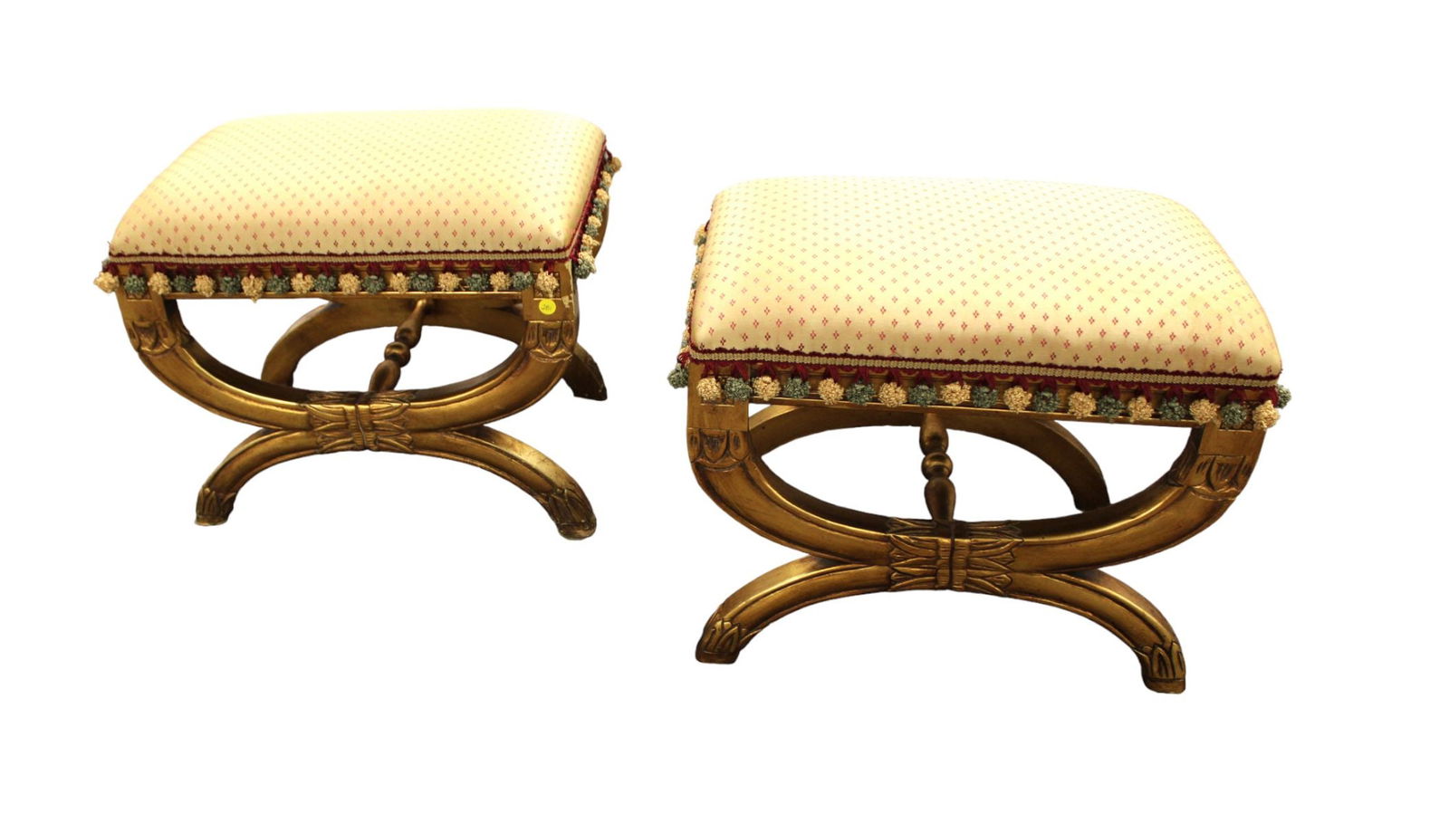Pair French style X frame foot stools, decorator, upholstery is good (1 of 5)