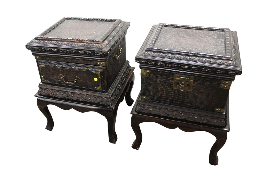 Pair Asian chests on frame tables, highly carved, one lift top and other has drawer, original (1 of 4)
