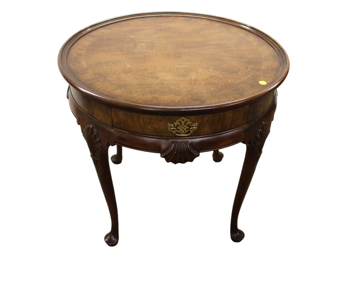 Baker queen anne round table, shell carving, burled walnut, one drawer (1 of 5)
