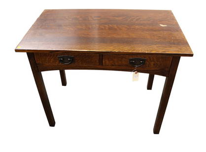 Stickley mission oak 2 drawer desk: Stickley mission oak 2 drawer desk does have some finish wear, structurally sound, 38"l x 24"d x 30"h