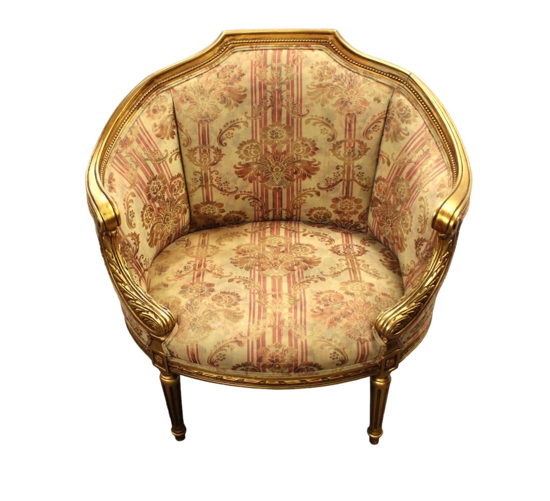 French curved arm chair: French curved arm chair, structurally sound and in good condition, with some staining on upholstery, nice size, 35"w x 25"d x 34"h seat height of 16"