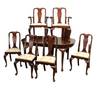 Henkel Harris 7pc dining room set: solid mahogany, queen anne dining room table, 6 chairs, 3 skirted: Henkel Harris 7pc solid mahogany queen anne dining room table with 6 chairs, table with 3 skirted leaves, chairs are tight, structurally sound and in good condition, table 64"l x 42"w x 29"h with (3)