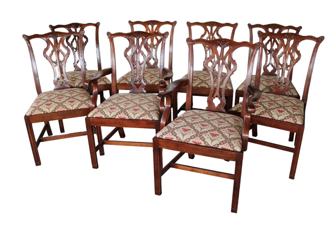 Set 8 dining room chairs, solid mahogany, chippenedale style, sold by Georgian Furnishing Company, (1 of 6)