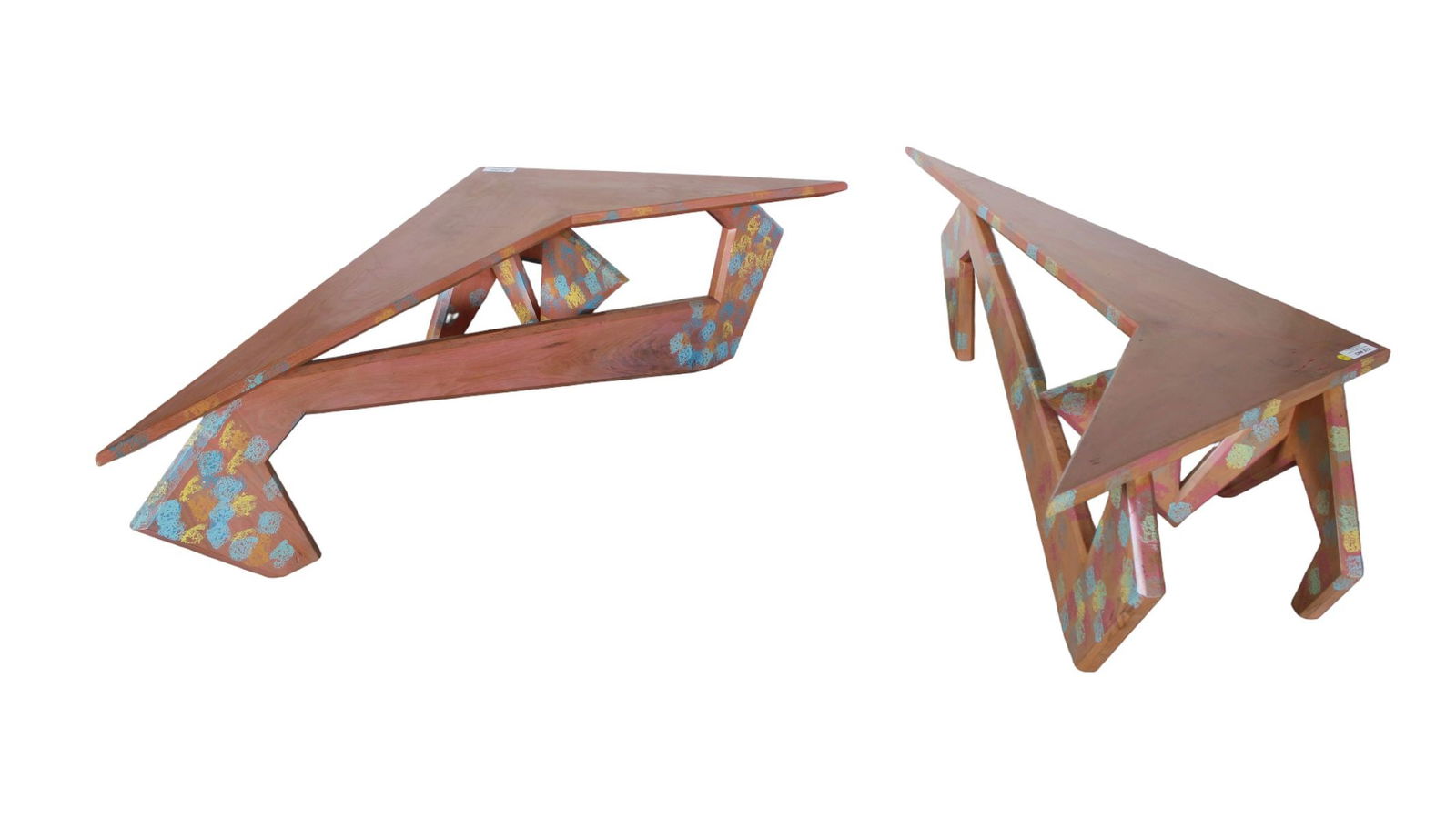 Pair modern boomerang style tables/benches in the pine paint decorated (1 of 5)