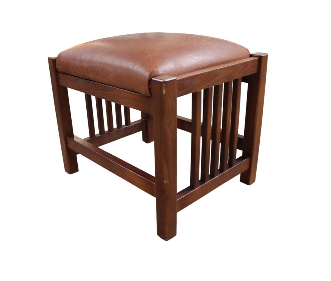 Crate & Barrel leather foot stool, oak, mission style (1 of 3)