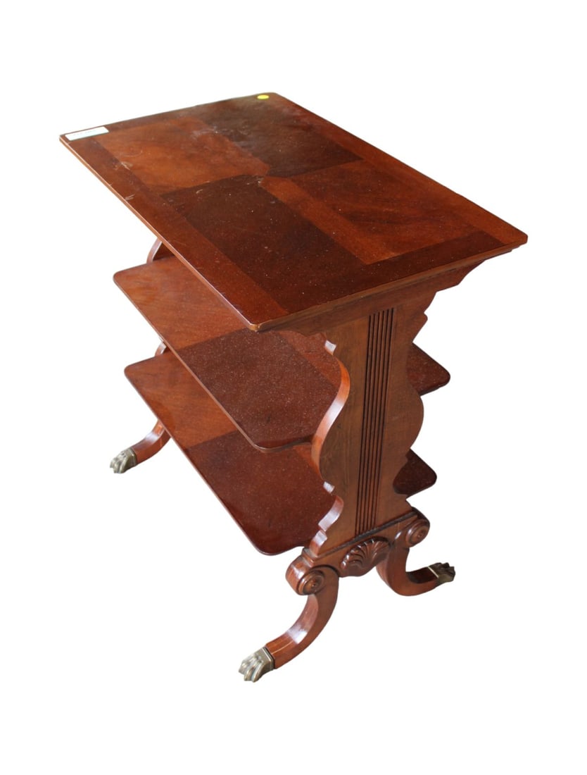 Mahogany 3 tier table, banded, duncan phyfe style: Mahogany banded duncan phyfe style 3 tier table, with one leg repair, 26"l x 16"w x 27"h