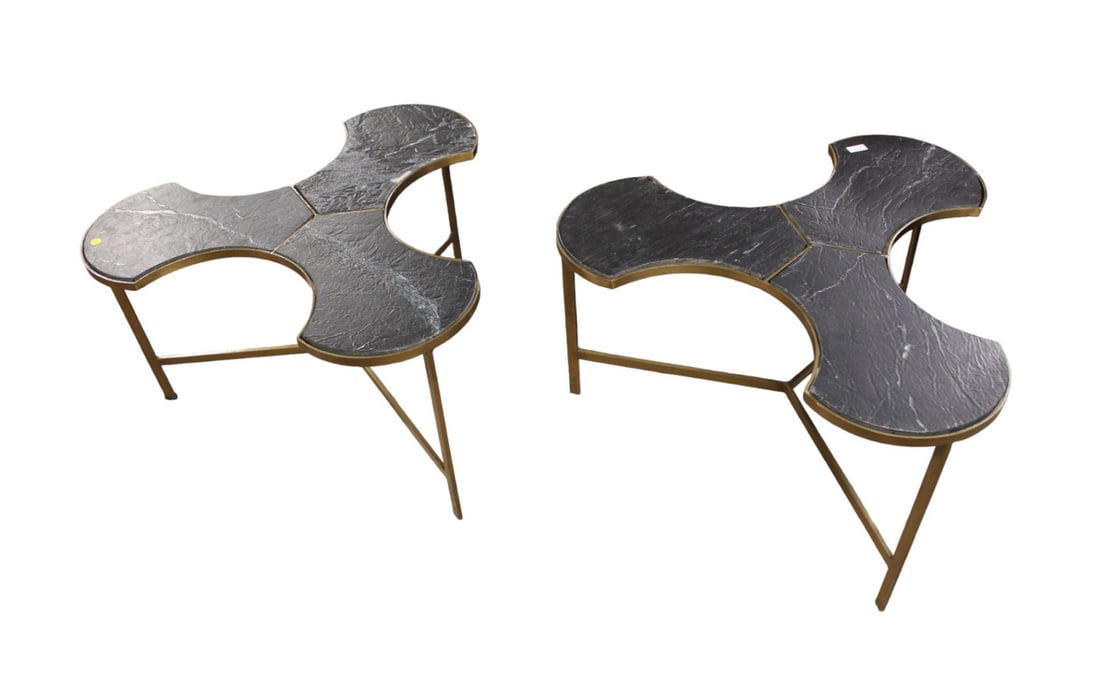 Pair Mid Century Modern bronze style base with marble top inserts lamp tables attr. Cain Modern (1 of 6)
