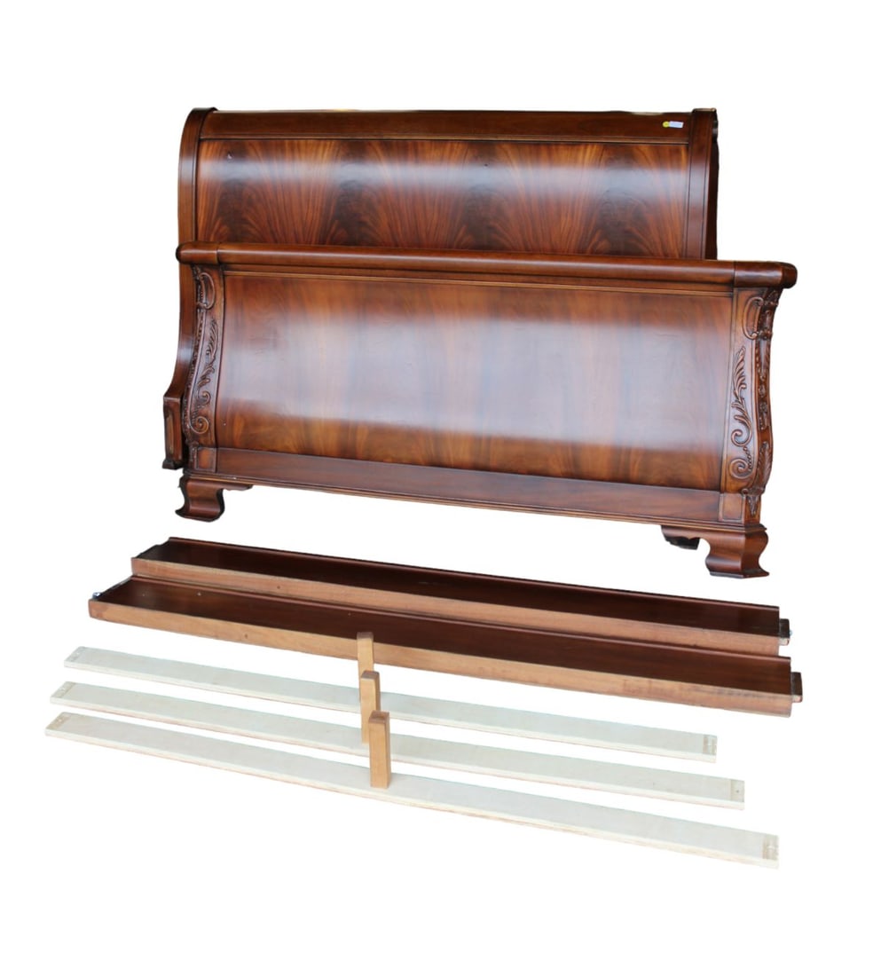 Hickory Chair queen sleigh bed, carved burl mahogany, with bolt in rails (1 of 5)
