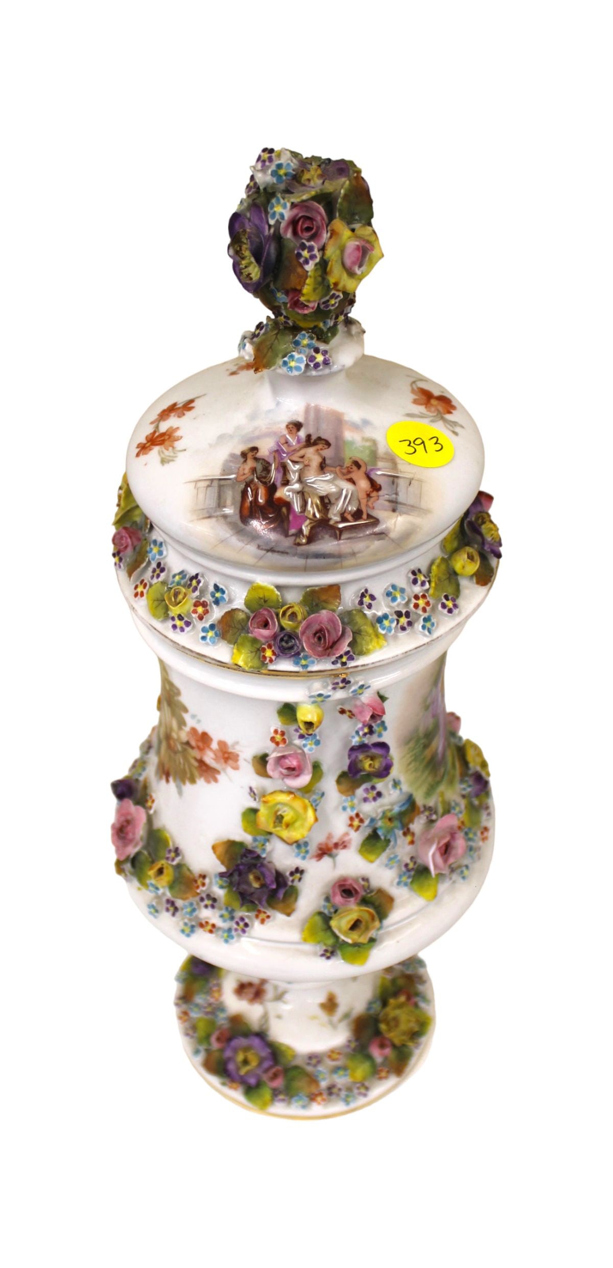19thC Australian French porcelain urn, hand painted, structurally sound: 19th century Australian French porcelain urn, hand painted, structurally sound, may have flakes off flowers but not noticeable, 6" diameter x 15"h