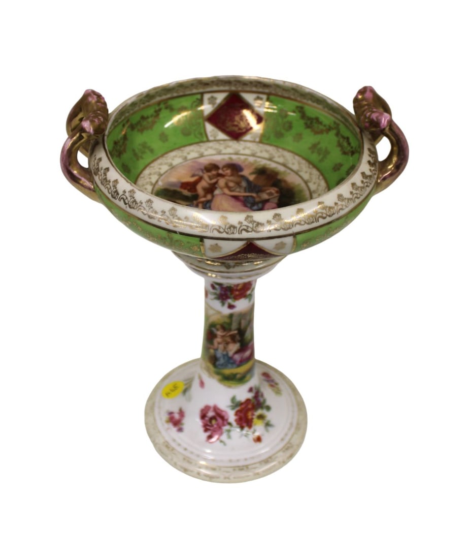 19thC French porcelain double handled bowl, hand painted, elevated (1 of 4)