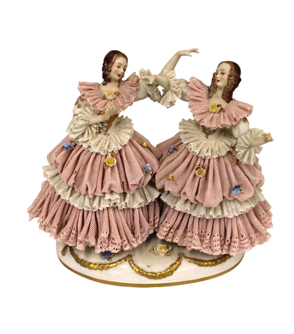 19th century French porcelain ladies dancing: 19th century French porcelain ladies dancing, structurally sound, may have lace loss, 8"l x 4"w x 7"h