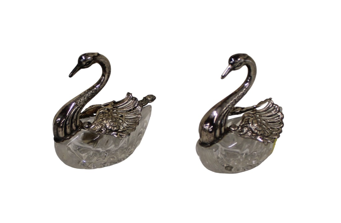 Pair winged swan lead crystal salt dishes, one has spoon, 3"l x 2"w x 3"h: Pair of winged swanned leaded crystal salt dishes, one has spoon, 3"l x 2"w x 3"h