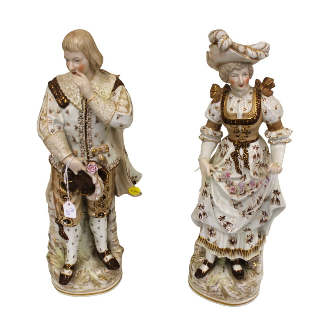 Pair Vintage porcelain signed figures, man and woman, 6" diameter x 18"h (1 of 4)