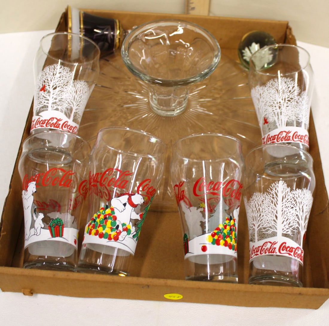9pc: 6 vintage coca cola glasses, elevated cake stand, paper weight and bell (1 of 2)