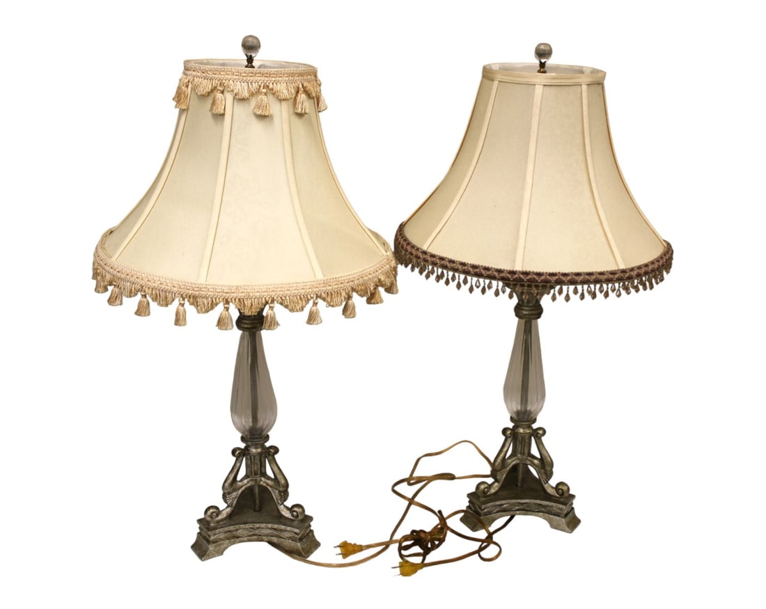 Pair decorator table lamps, glass and metal,  with shades, 17" diameter x 31"h (1 of 3)