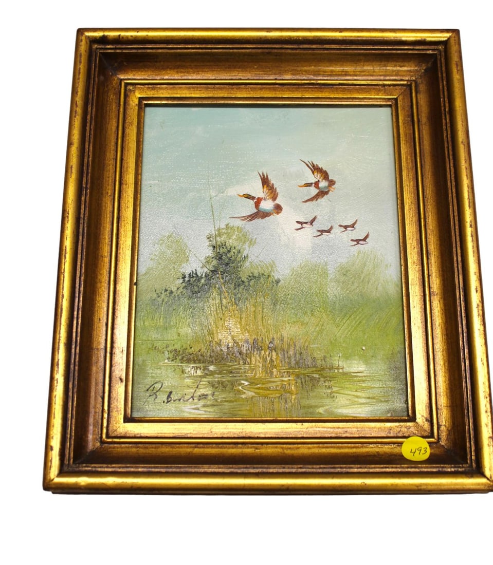 Signed oil on board of ducks flying, R. Burton, 12"w x 14"h (1 of 3)