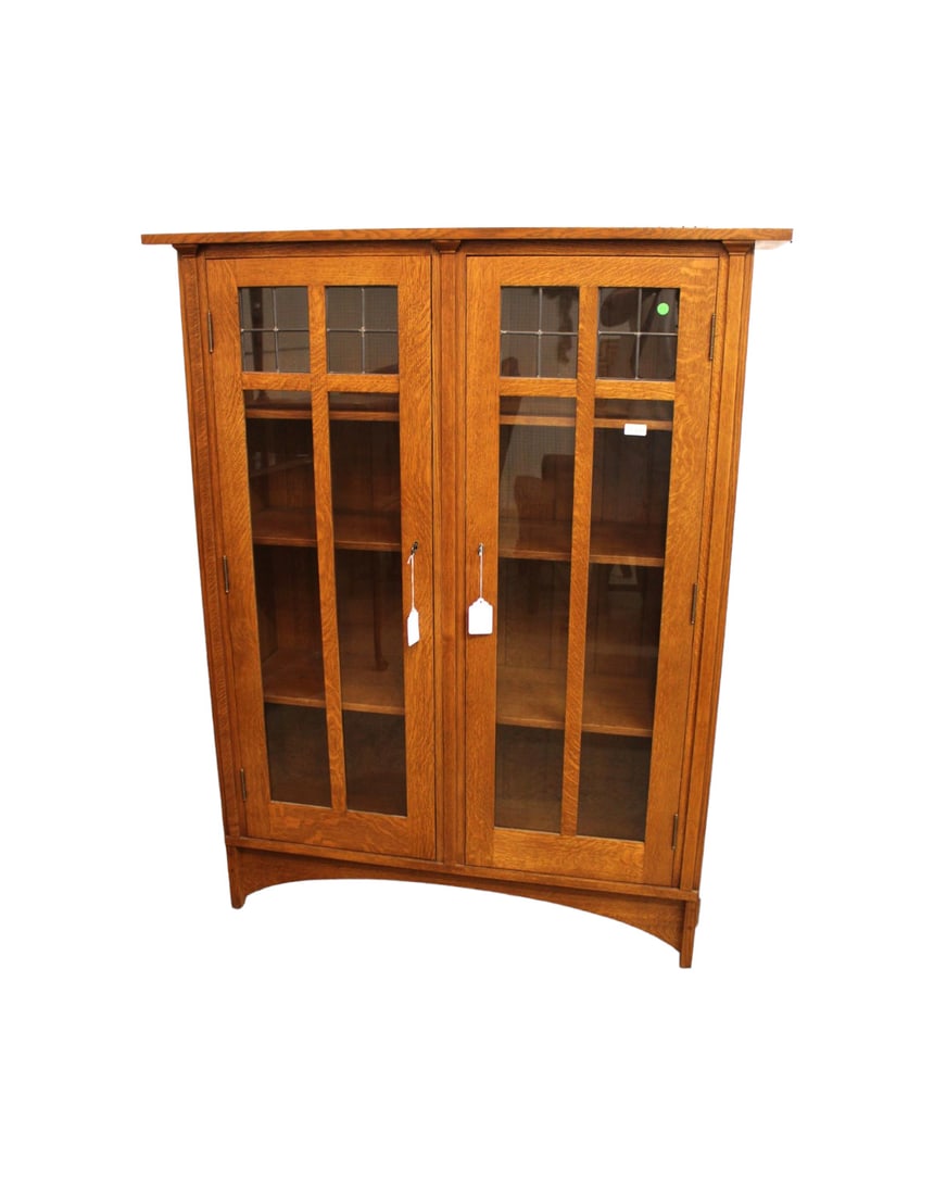 Stickley mission bookcase, oak, lead glass paned (1 of 9)