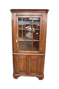 Henkel Harris solid cherry corner cabinet with key, orig finish, individual pane: Henkel Harris 9 individual pane solid cherry corner cabinet with key, original finish, structurally sound and in good condition, 39"w x 21"d x 75"h