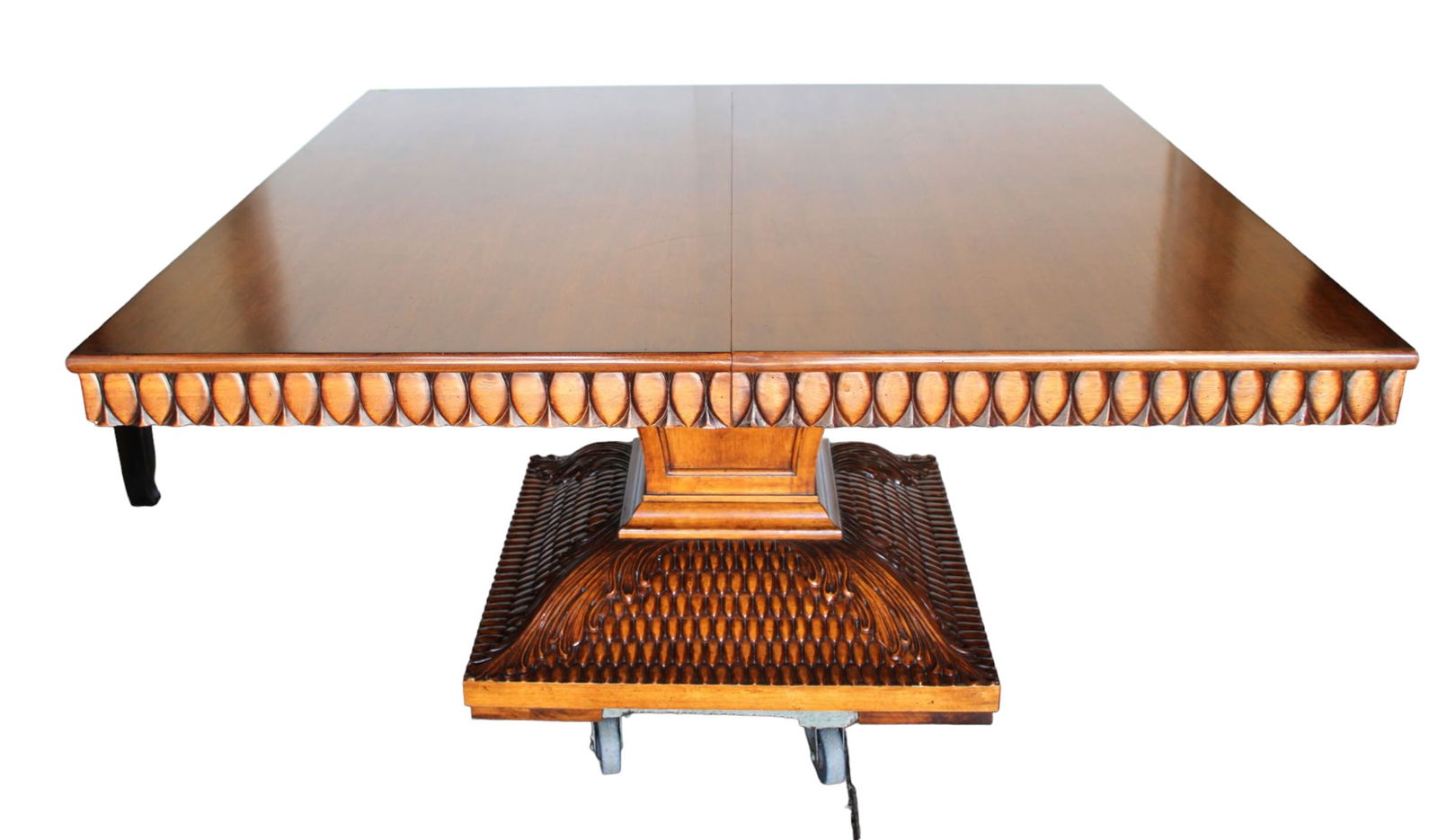 Large square mahogany carved dining room table with one leaf 22” lea (1 of 5)