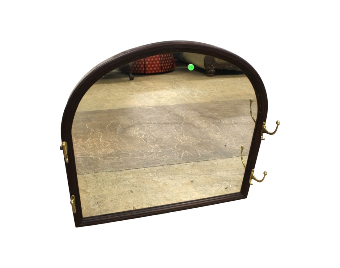 Vintage arched mirror with hooks, mahogany frame: Vintage mahogany framed arched mirror with hooks, structurally sound and in good condition, 30"w x 28"h x 5"d with hooks