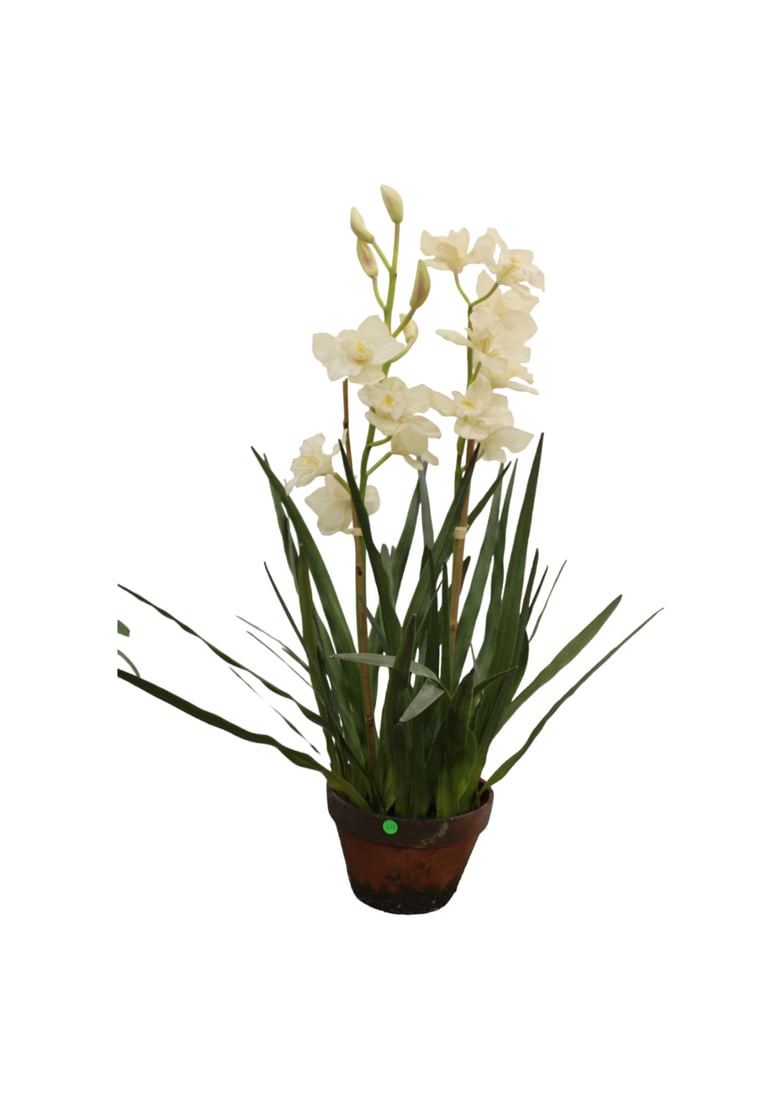 Clay decorative pot with faux orchid flower: Clay decorative pot with faux orchid flower, structurally sound and in good condition, 10" diameter x 6"h (38"h with flower)