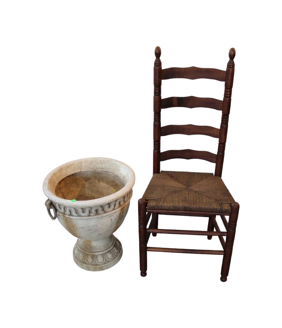 2pc lot. Flower planter/Rush Ladder chair (1 of 2)