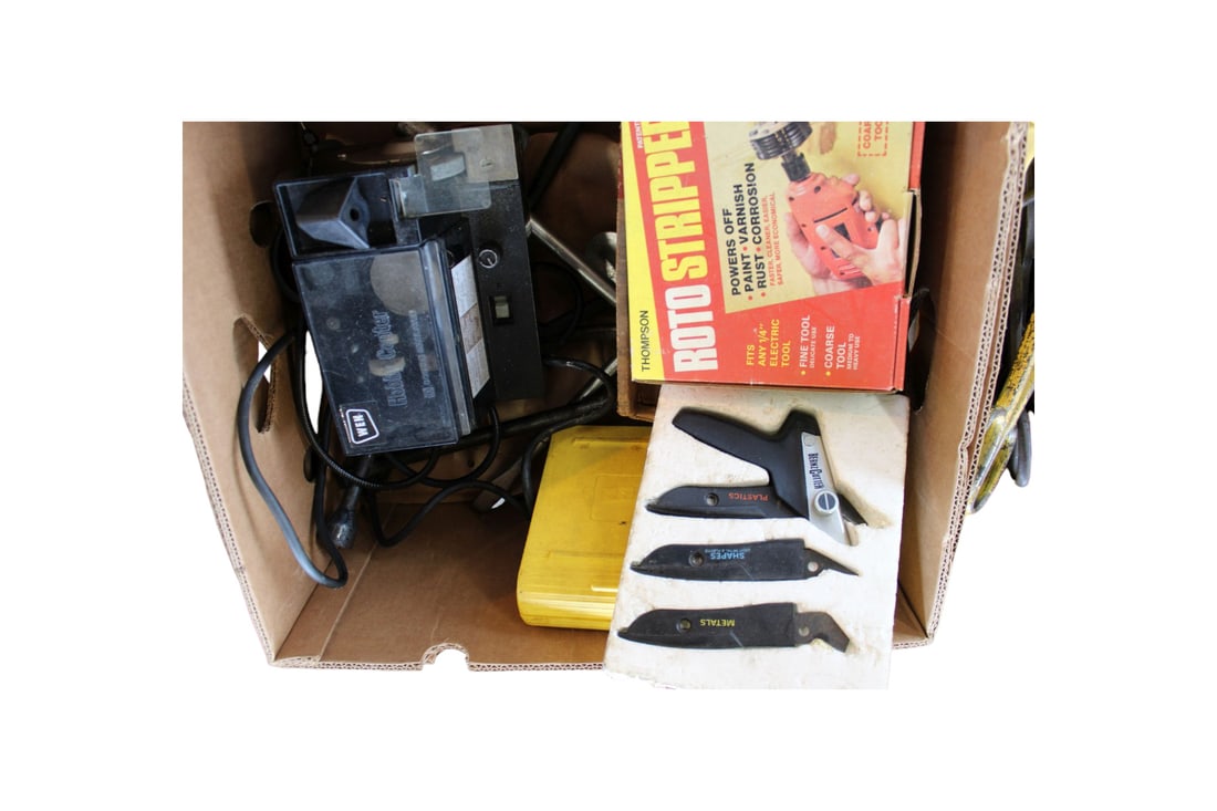 Box with miscellaneous tools including staple gun set, electronic hobby center: Box with miscellaneous tools including staple gun set, electronic hobby center