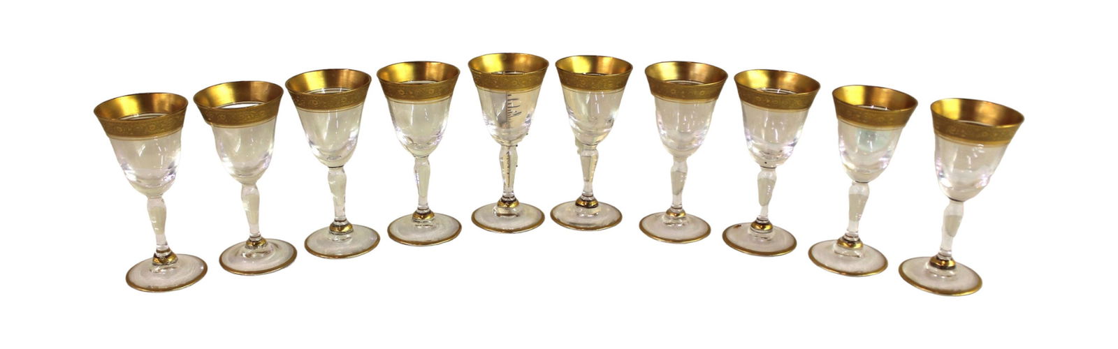 Set of 10 antique gold trim cordial stemware glasses, no issues seen, approx. 3"h x 1 1/2" diameter (1 of 3)