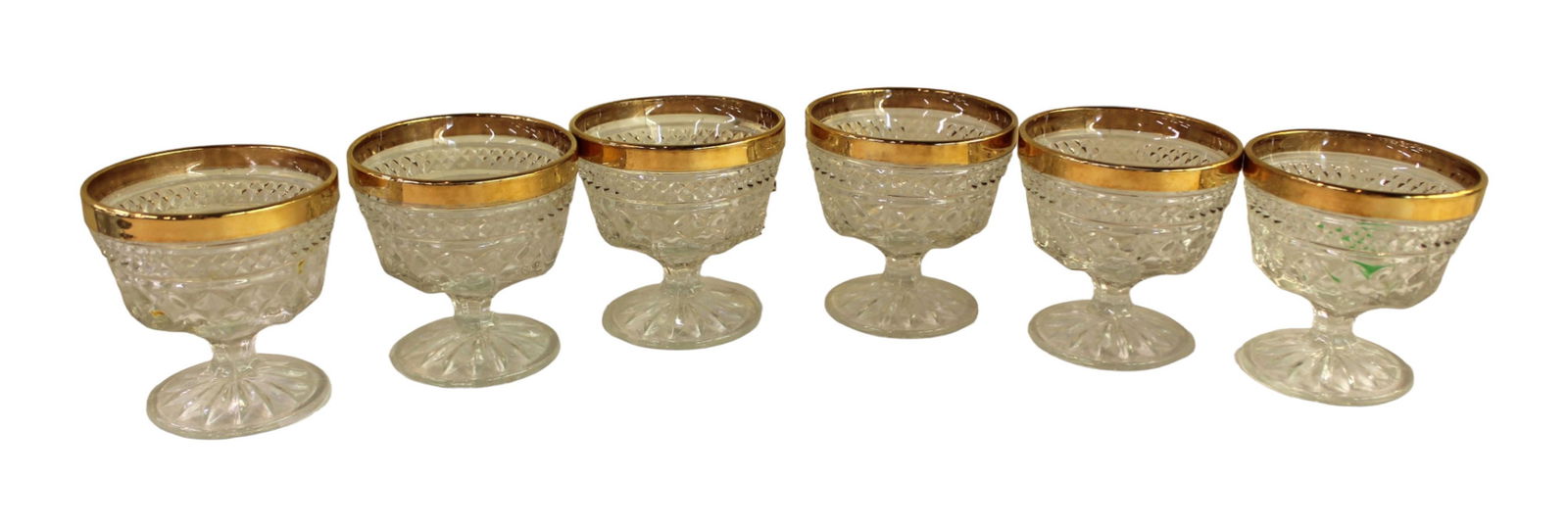 Set of 6 vintage depressed gold trim desserts, no issues seen, 4"h x 3 1/2" diameter (1 of 3)
