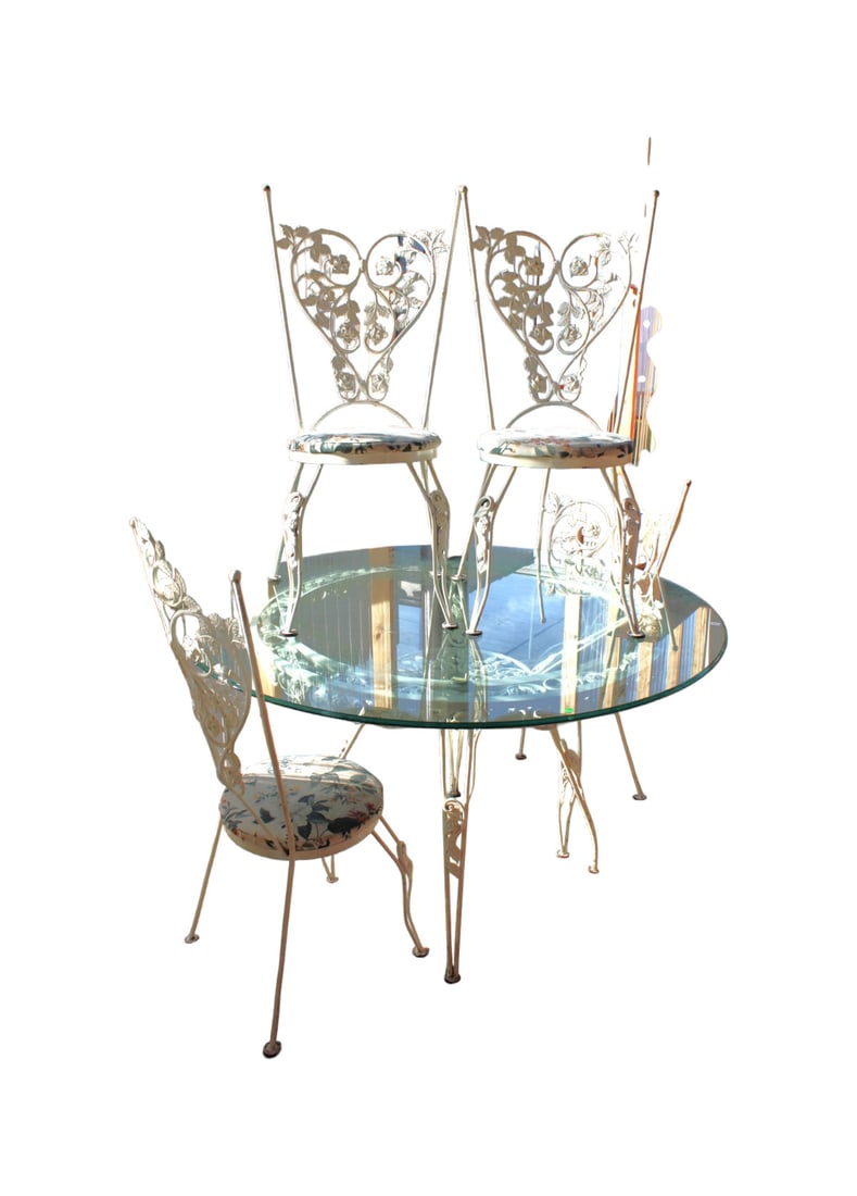 Vintage 5pc heavy 54" glass top patio/breakfast set, iron/brass (1 of 4)