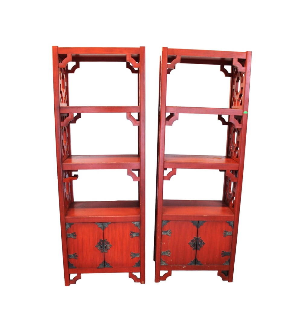 MCM pair Asian style cabinets with open bookcase tops, desirable red paint, vintage (1 of 6)
