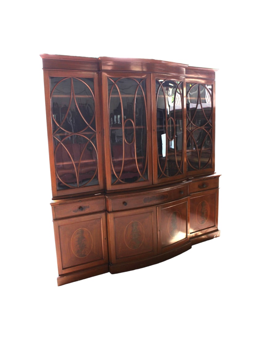 Vintage breakfront with desk, bow front, mahogany, 4 part: Vintage breakfront with desk, bow front, mahogany, 4 part, structurally sound and in good condition, fading seen on finish on front, 84"l x 18"d x 83"h (top piece is 50"h)