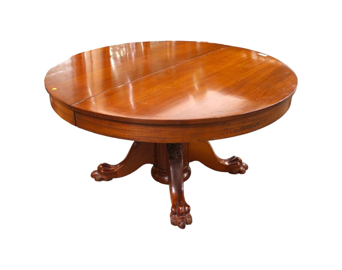 Round 54" dining table, mahogany, paw foot, antique,  4 leaves, center leg (1 of 7)