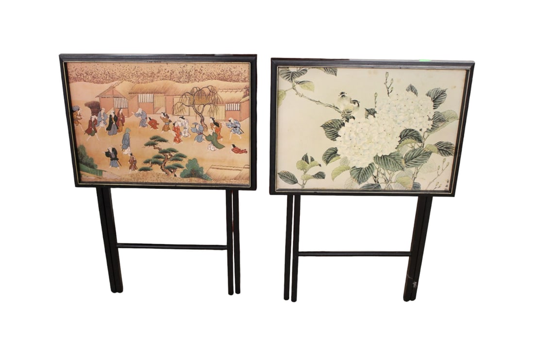 Pair Vintage Asian decorated folding snack tables, 21"l x 15"w x 26"h (1 of 3)