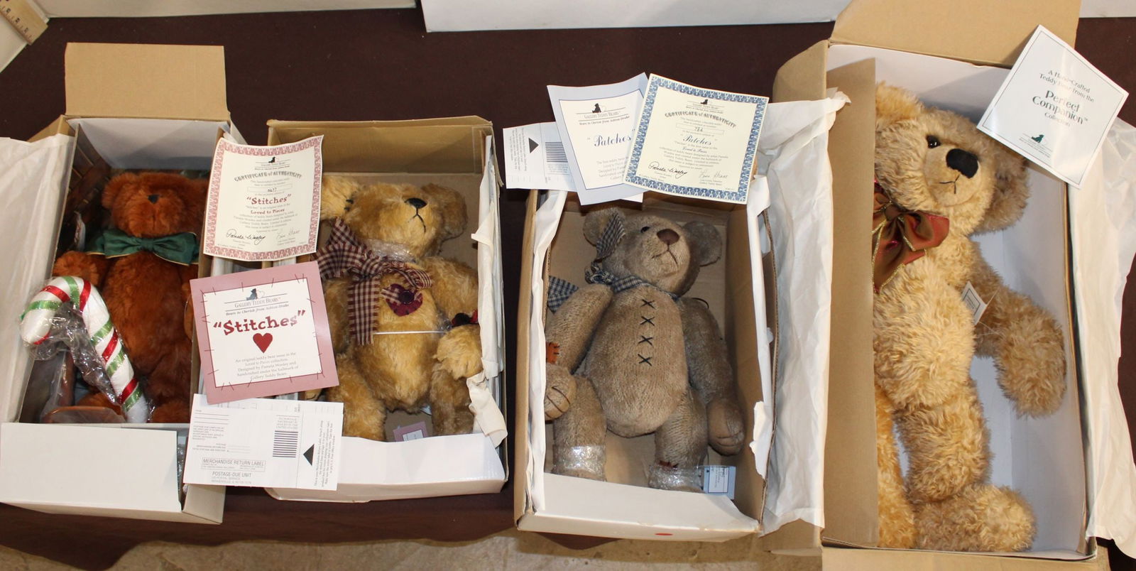 4 Gallery Teddy Bears in Boxes: Patches, Stitches, Perfect Companion & 1 name found, some jointed (1 of 12)