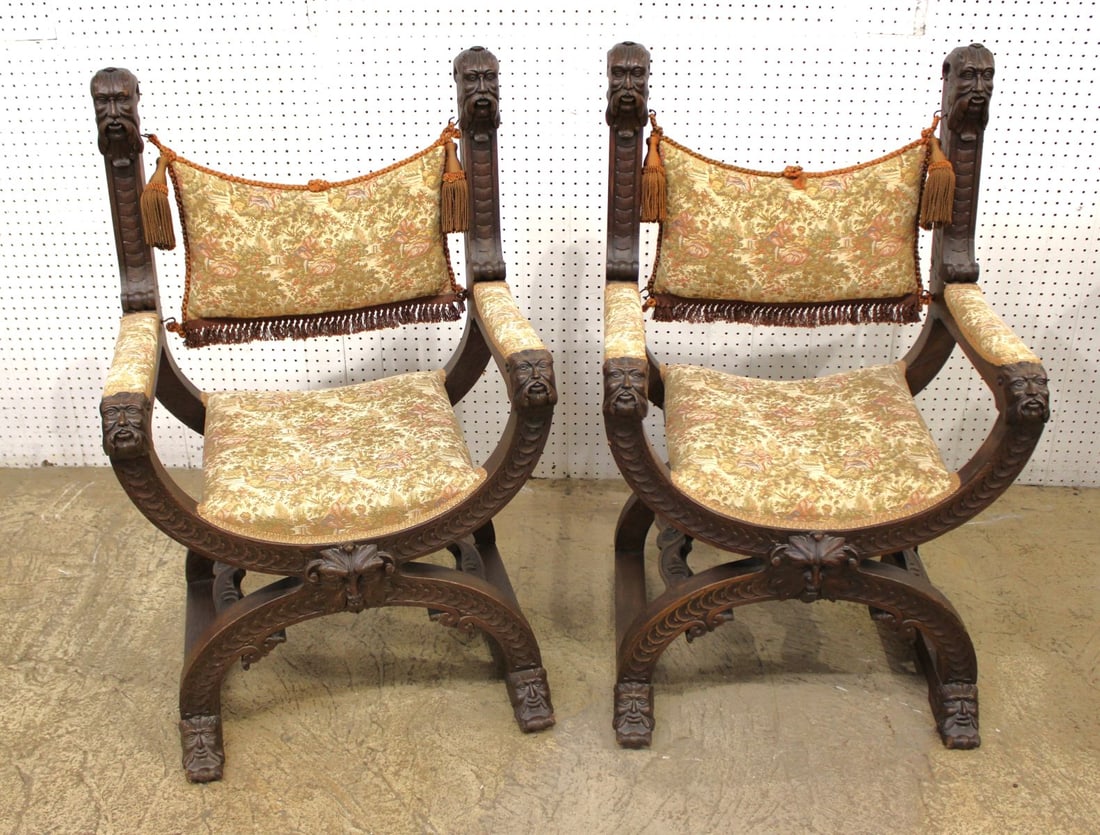 Pair Antique Oak X-Frame Chairs (1 of 5)