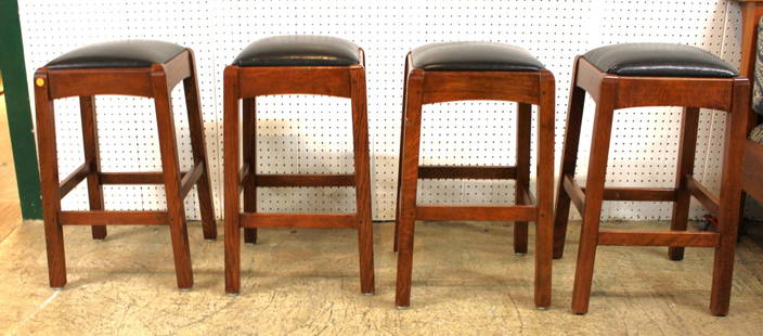 4 Stickley Mission Oak and Leather Stools: Set of 4 Stickley mission oak stools with leather tops, original tops, structurally sound and in good condition, 14" x 14" x 26"h