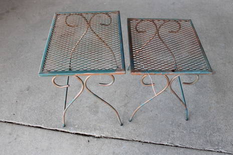 2 Vintage Wire Metal Outdoor Patio Tables: 2 Vintage wire metal outdoor patio tables, structurally sound and in good condition, may need repainted, stack into each other, larger one 19"w x 15"d x 18"h and smaller one 17"w x 14"d x 17"h