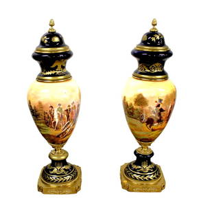 Lrg Pair Sevres Porcelain Urns on Bronze Bases: Large pair of Sevres style porcelain urns on bronze bases, 3 sections, hand painted and transfers, age unknown, marked with N, one lid has been repaired, 13" diameter x 40"h each