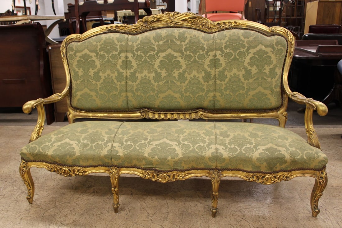 French Upholstered 6 leg Sofa, gold painted frame (1 of 7)