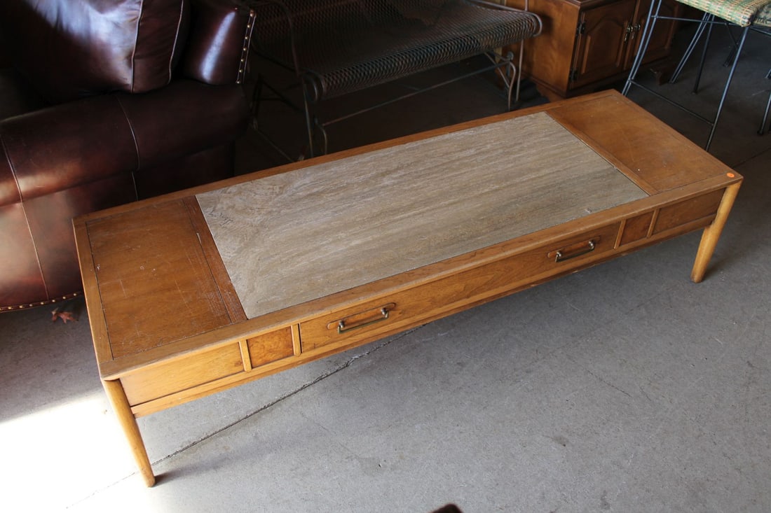 Mid C. Drexel coffee table, travertine style stone (1 of 4)