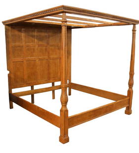 King Size Oak Paneled Lighted Canopy Bed: Impressive oak king size canopy bed with paneled headboard, carved front posts, lighted carved canopy, structurally sound, does break down to 11 pieces for easy transport, bolt together construction,