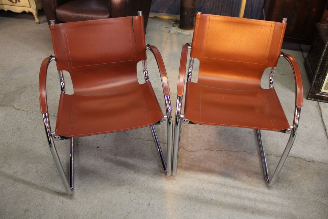 Pair Modern Chrome Tubular Leather Director Chairs (1 of 3)