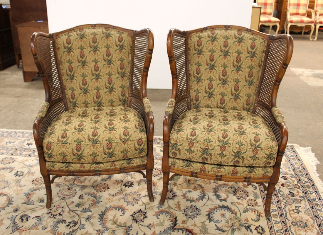 Pair Ethan Allen Pineapple Upholstery Wicker Arm Chairs (1 of 6)