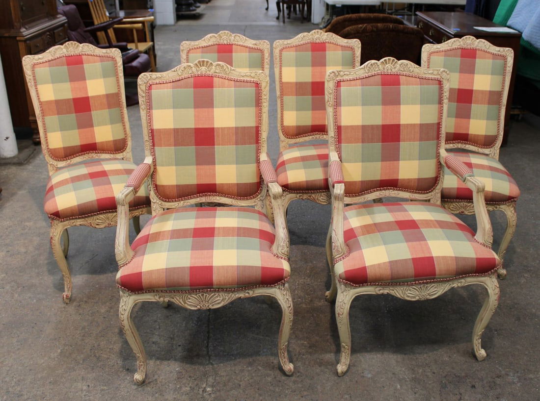 6 Quality French Dining Chairs, country plaid: Set of 6 quality painted carved framed French style dining room chairs with a country plaid upholstery, upholstery is good, structurally sound and in good condition, arm chairs 24"w x 21"d x 42"h with