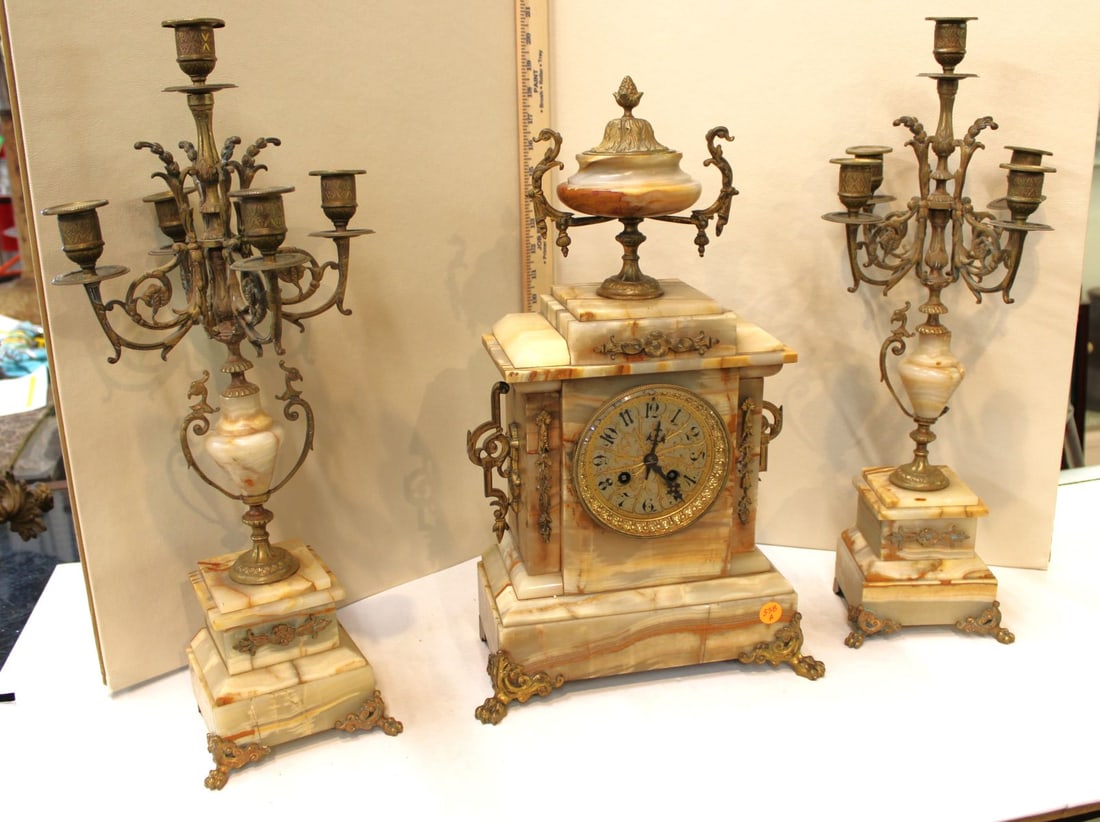 Antique Onyx and Bronze 3 piece French clock set (1 of 6)