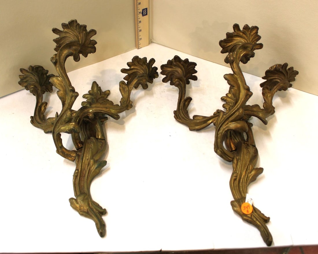 Pair of Bronze 3 Burner French Style Wall Sconces, no noticeable issues, 12"w x 15"h x 8"d (1 of 3)