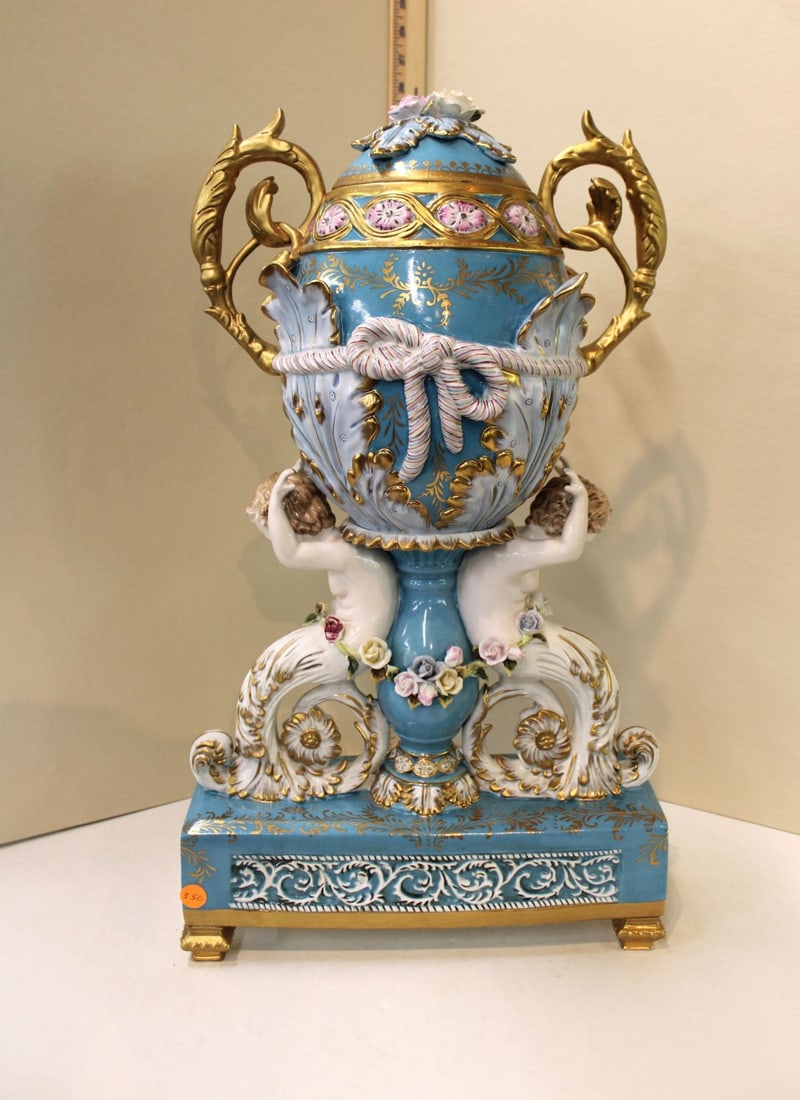 Large signed porcelain double handled urn (1 of 6)