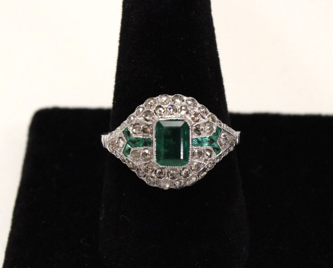 Art Deco Style Diamond Ring Solid 14kt White Gold 7.4ct Emerald (1 of 3)